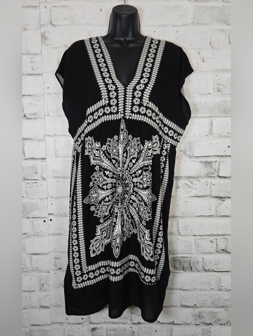 Majora Black White Boho Kaftan Cover Up Tunic Dress XL Beach